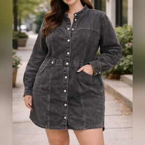 H&M Black Denim Button-Up Dress with Stand Collar